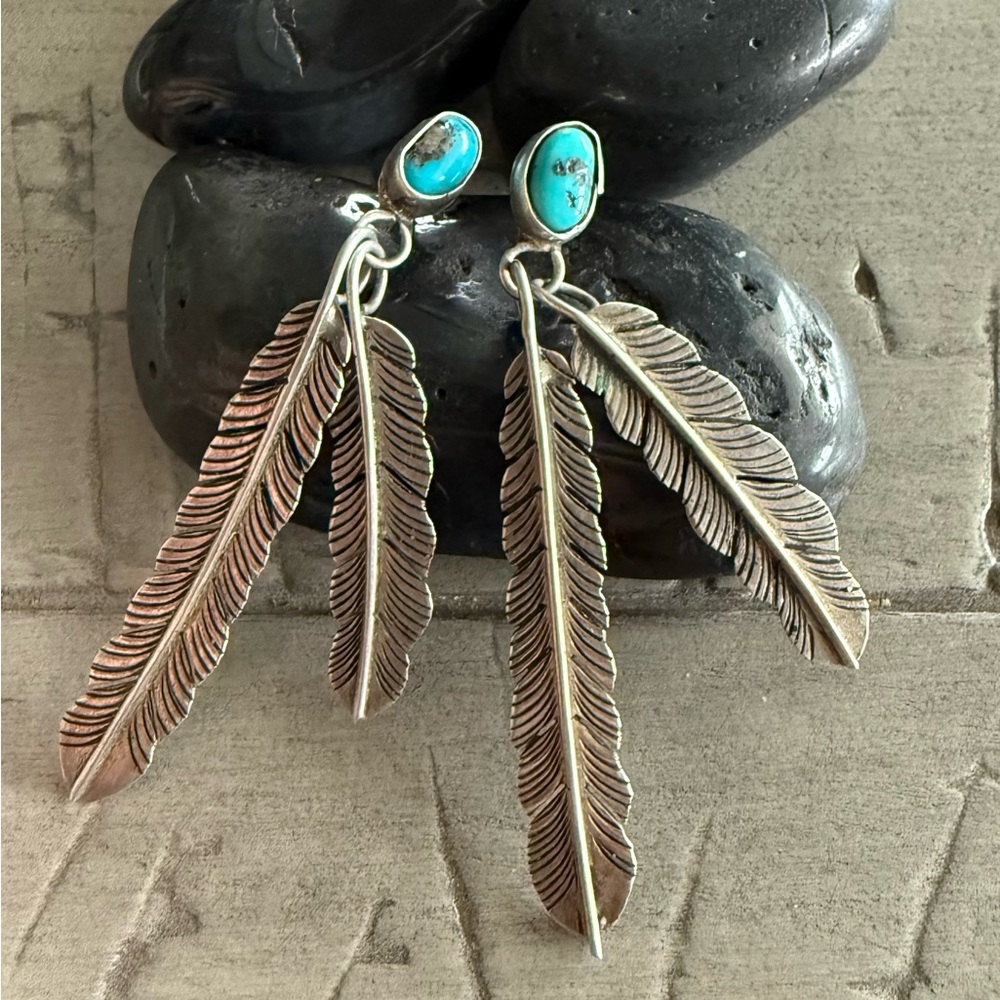 Vintage Navajo Feather Earrings with Turquoise Stud